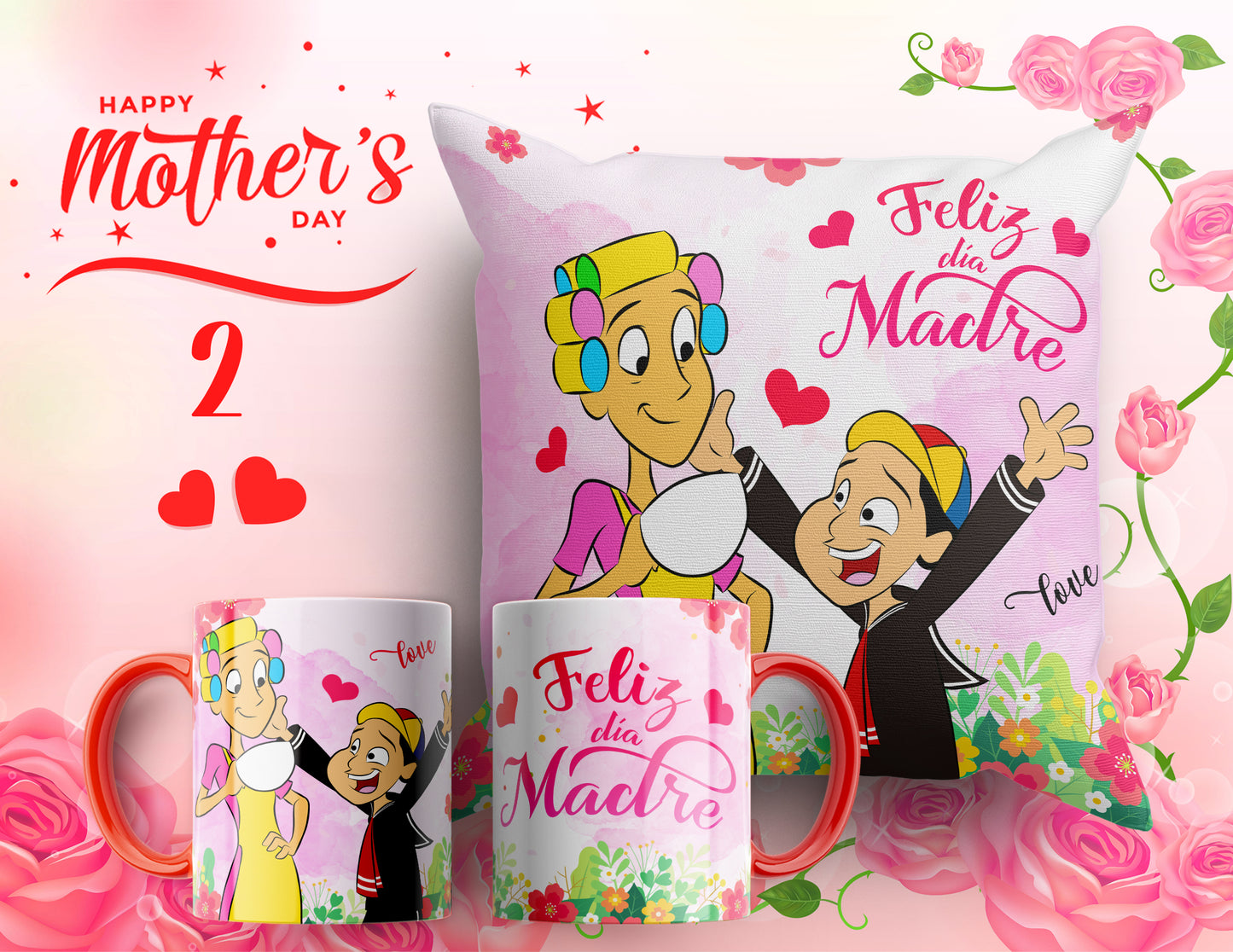 Set Día de la Madre – Cojín + Taza "Feliz Día Madre" 💕