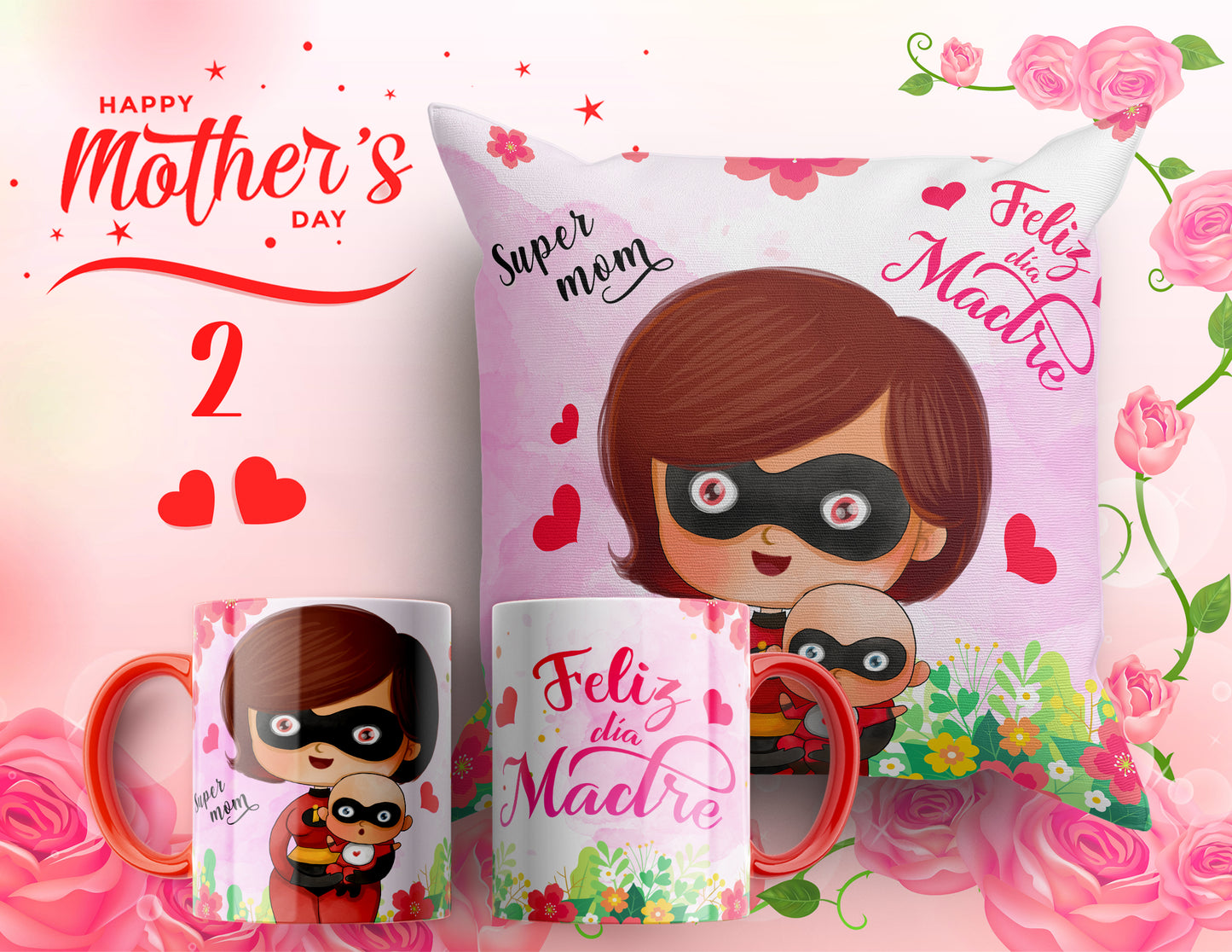 Set Día de la Madre – Cojín + Taza "Feliz Día Madre" 💕